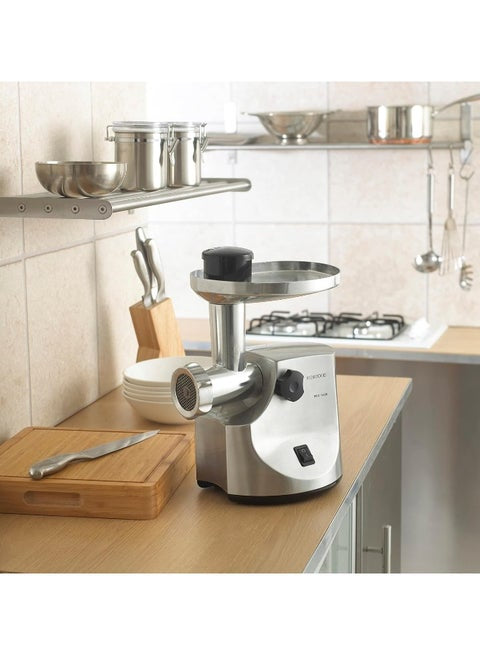 Food Mincer, 2Kg Per Minute, Metal Body, Meat Mincer, 3 Stainless Steel Mincer Screens, Kibbeh Maker, Sausage Maker, Feed Tube Pusher, Reverse Function 1 kg 1600 W MG510008 Silver