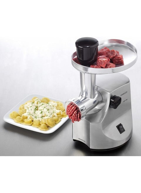 Food Mincer, 2Kg Per Minute, Metal Body, Meat Mincer, 3 Stainless Steel Mincer Screens, Kibbeh Maker, Sausage Maker, Feed Tube Pusher, Reverse Function 1 kg 1600 W MG510008 Silver