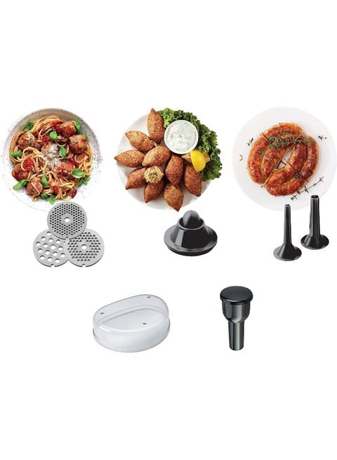 Food Mincer, 2Kg Per Minute, Metal Body, Meat Mincer, 3 Stainless Steel Mincer Screens, Kibbeh Maker, Sausage Maker, Feed Tube Pusher, Reverse Function 1 kg 1600 W MG510008 Silver